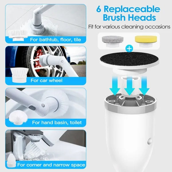 Electric Spin Scrubber Cordless Rechargeable Telescopic Cleaning Brush 6 Replaceable Heads